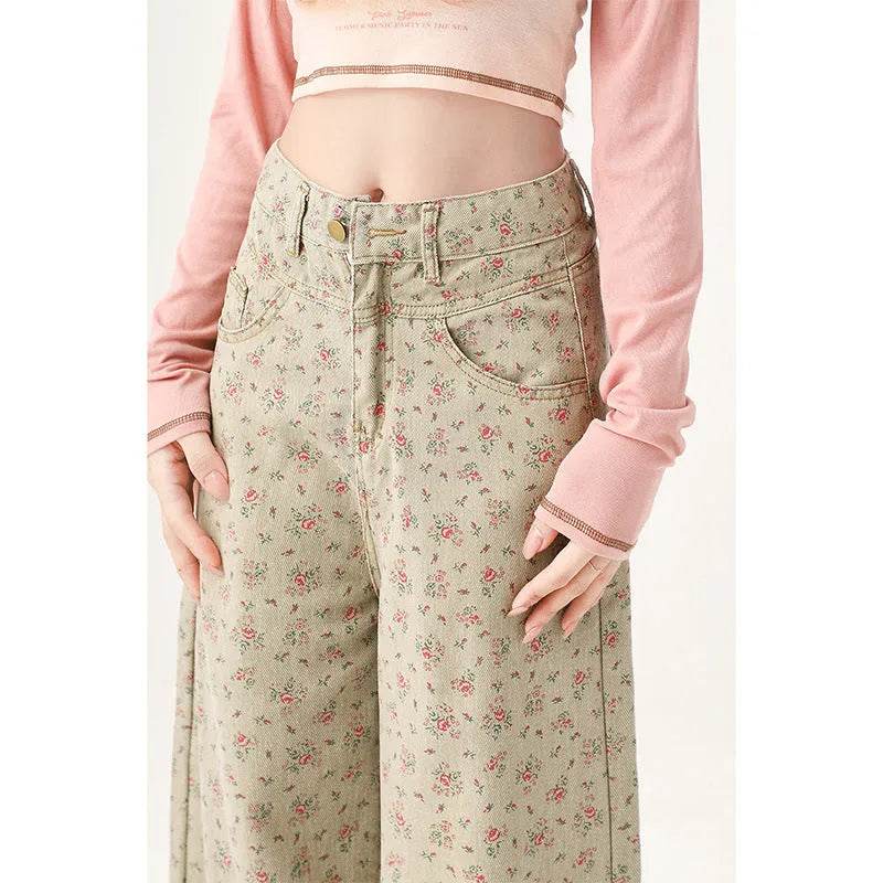 Mint Mambo Green Floral Baggy Jeans Pant For Women - Velora