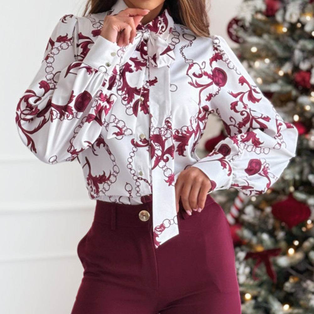 Printed Long Sleeve Bowknot Lining Business Office Formal Work shirt For Women - Velora
