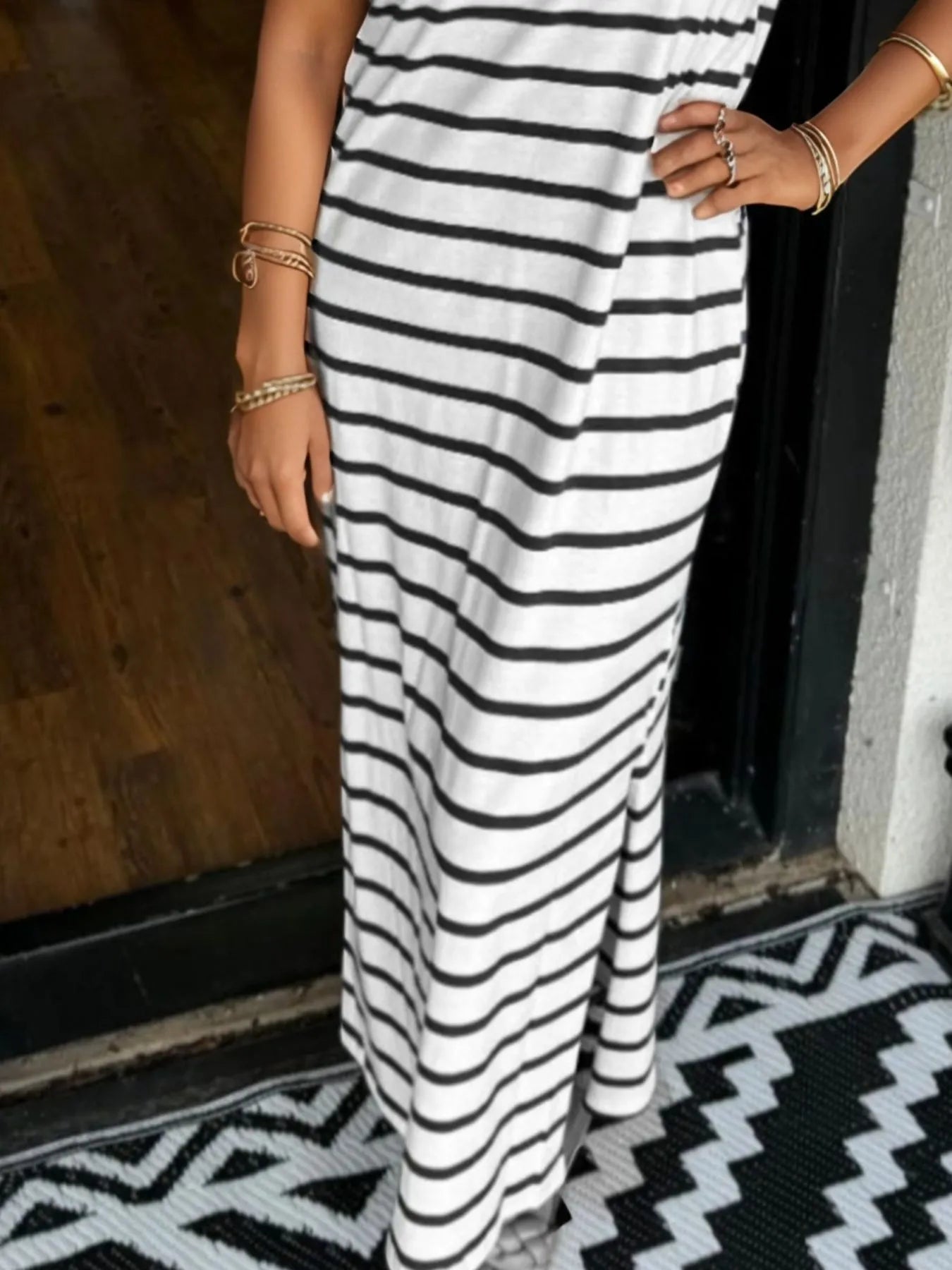 Full Size Striped T-Shirt Maxi Dress with Side Slit Plus Size - Velora