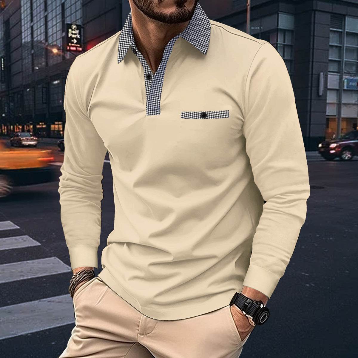 Leisure Plaid Lapel Polo Shirt Fashion Solid Color Long Sleeve Tops Men's Clothing - Velora