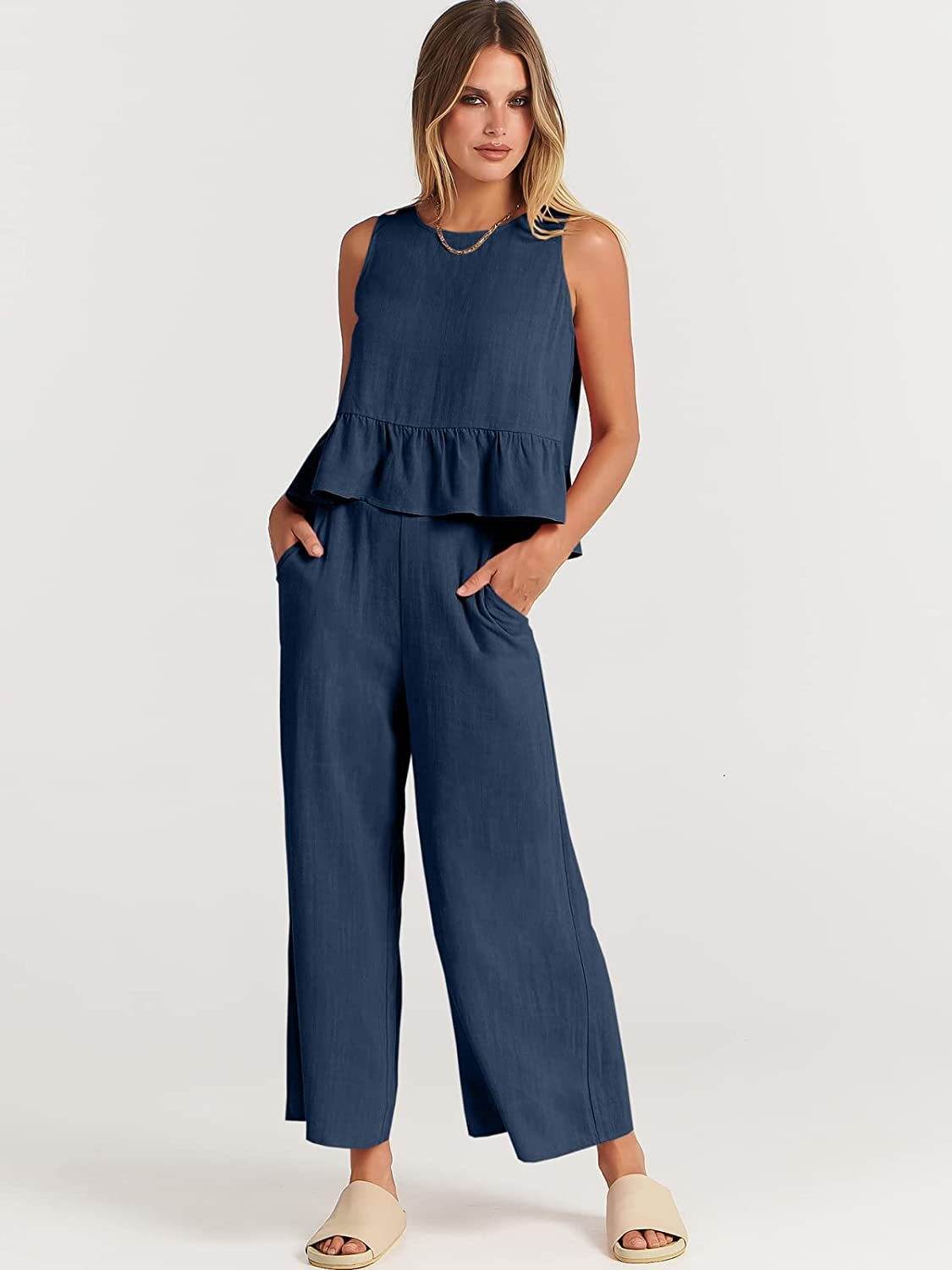 Casual Suit Summer Sleeveless Pleated Vest And Wide-leg Cropped Pants Fashion Two Piece Sets Women - Velora