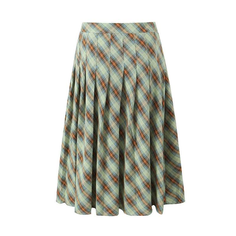 American Retro Low Waist Navel Plaid Pleated Long Skirt Women - Velora