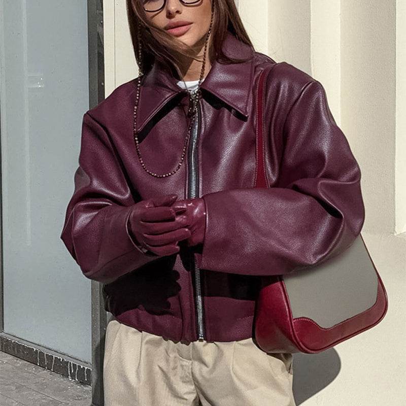Solid Color Lapel Zipper Jacket Fashion Casual Long Sleeve Leather Coat Tops Women Clothing - Velora