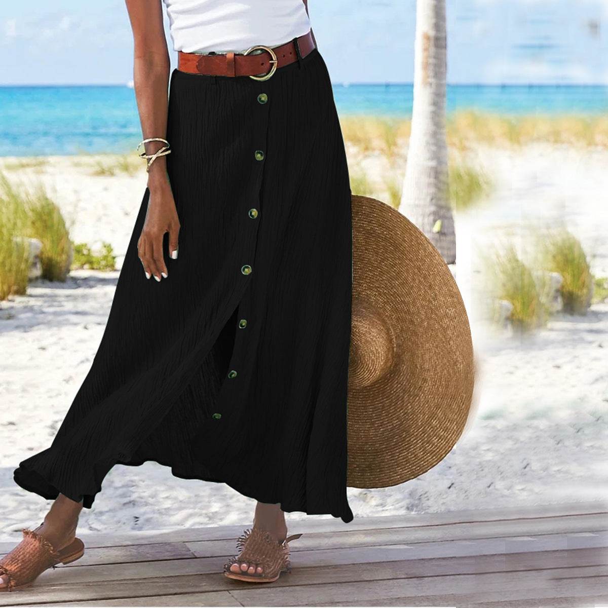 Women's summer Fashion Cotton Linen A-Line Hip Mid Waist Long maxi Skirt - Velora