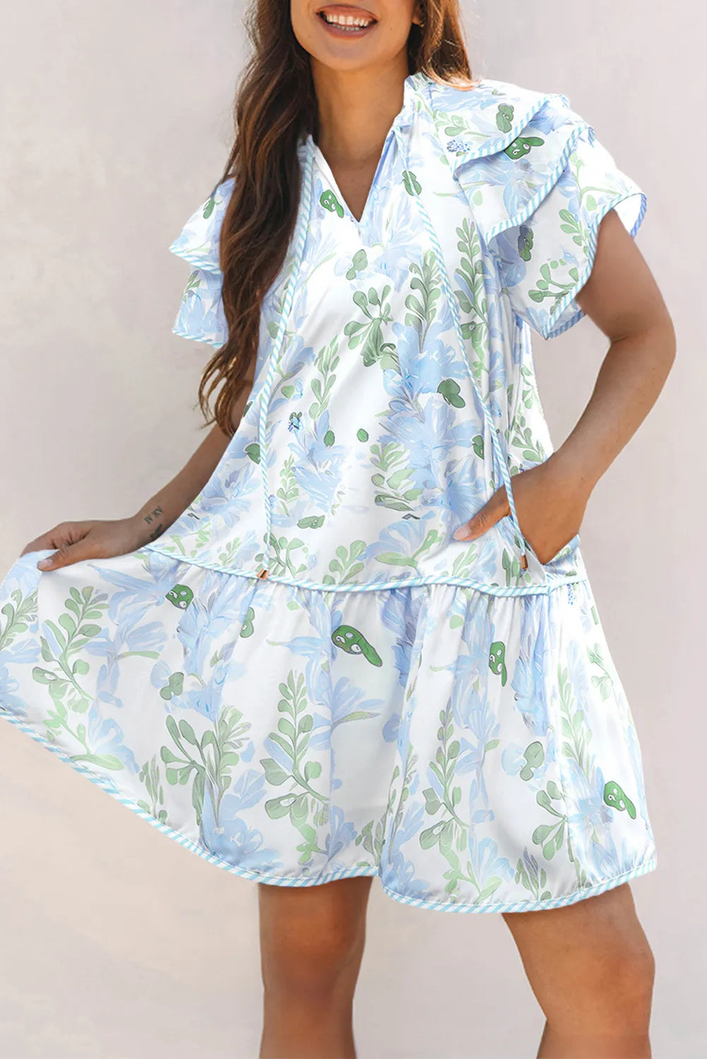 Floral Contrast Edge Layered Short Sleeve Mini Dress - Velora