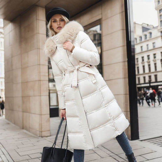 Winter Slim Long Jacket With Fur Hood And Belt Fashion Solid Hooded Coat Warm Clothing For Women - Velora