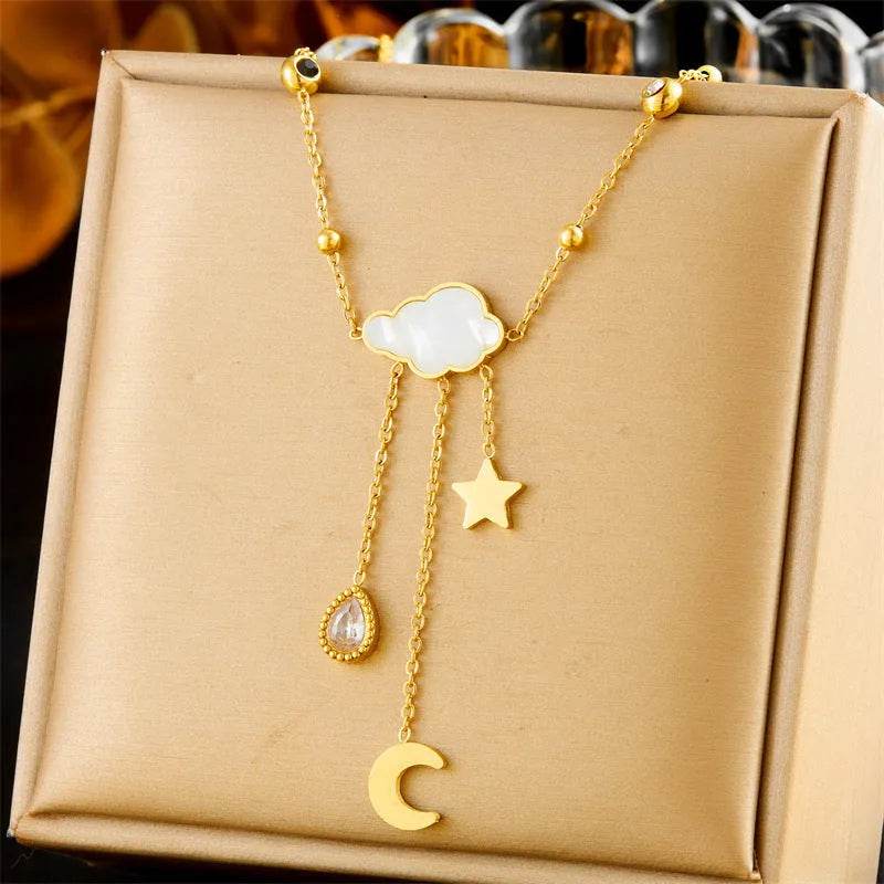 White Shell Cloud Star Moon Long Fringe Water Drop Fashion Necklace - Velora