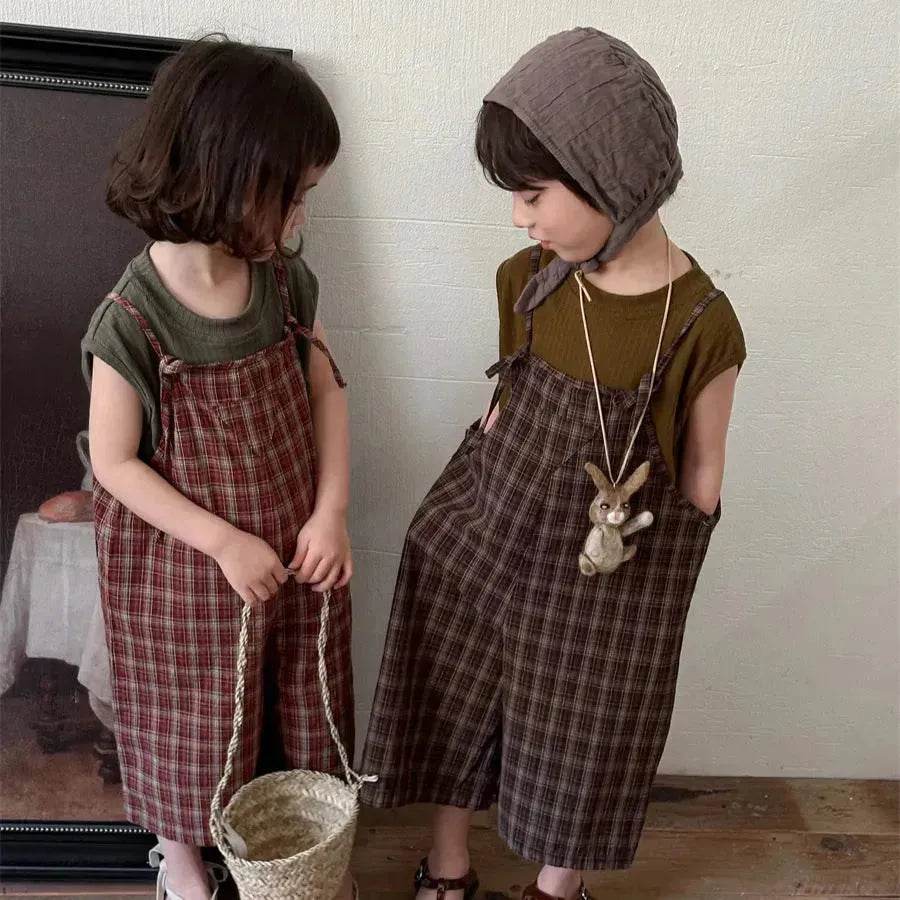 Summer Children's Plaid Overalls boy And girl Baby Unisex Mori Style Retro Jumpsuit Straight-leg Pants - Velora