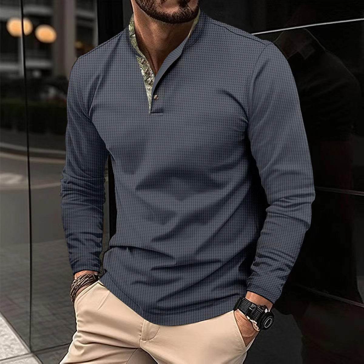 Men's Double Layer Lapel Polo Shirt Fashion Waffle Long-sleeved Tops Clothing - Velora