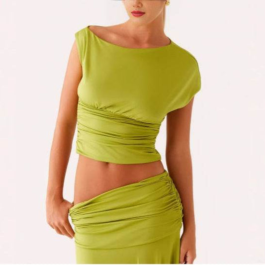 Cropped Pleated Slim-fit Sheath Skirt Suit - Velora