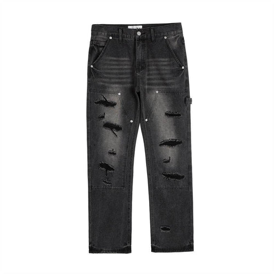 Punk Beggar Ripped Denim Straight-leg Trousers Men Jeans - Velora
