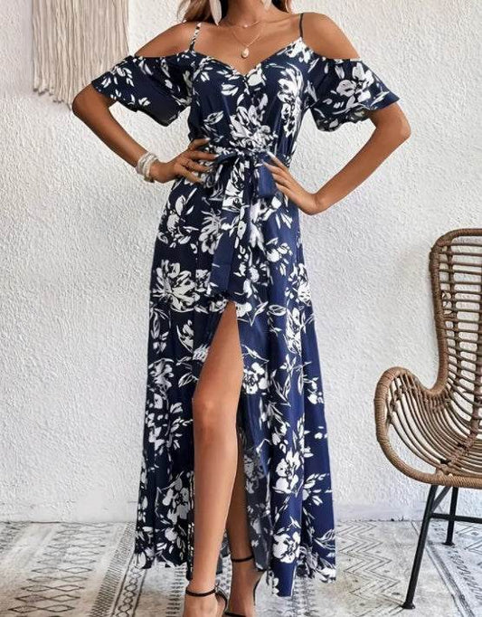 Flower Print Split Suspender Dress With Lace-up Design Summer Fashion Long Dresses Beach Clothing For Women - Velora