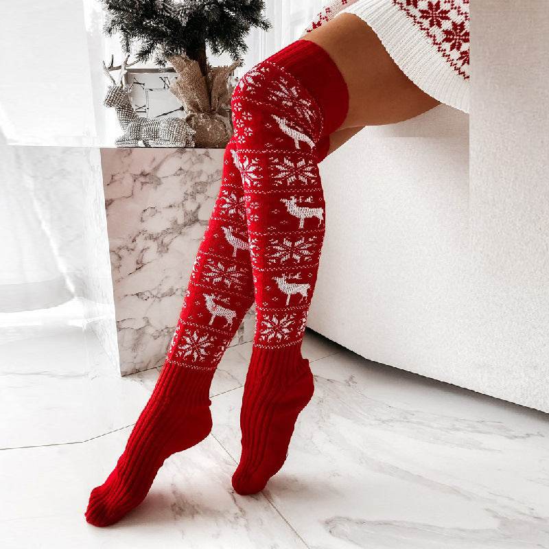 Winter Christmas Warm Knitted Women Stocking Beautiful Elk Snowflake Jacquard Over-the-knee Casual Long Socks For Ladies Gifts Free Size - Velora