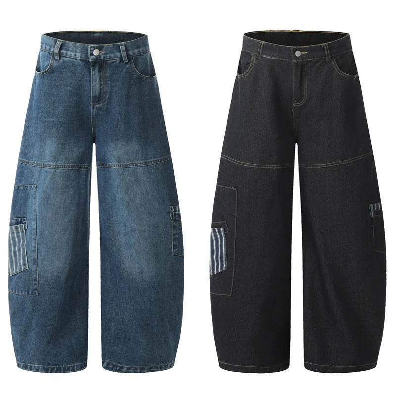 American Style Vintage Stripe Pocket Stitching Machete Baggy Jeans Pant For Men And Women - Velora
