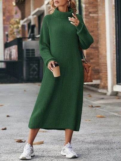 Winter Turtleneck Knitted Sweater Dress Fashion Solid Loose Pullover Long Dresses For Women Clothing - Velora