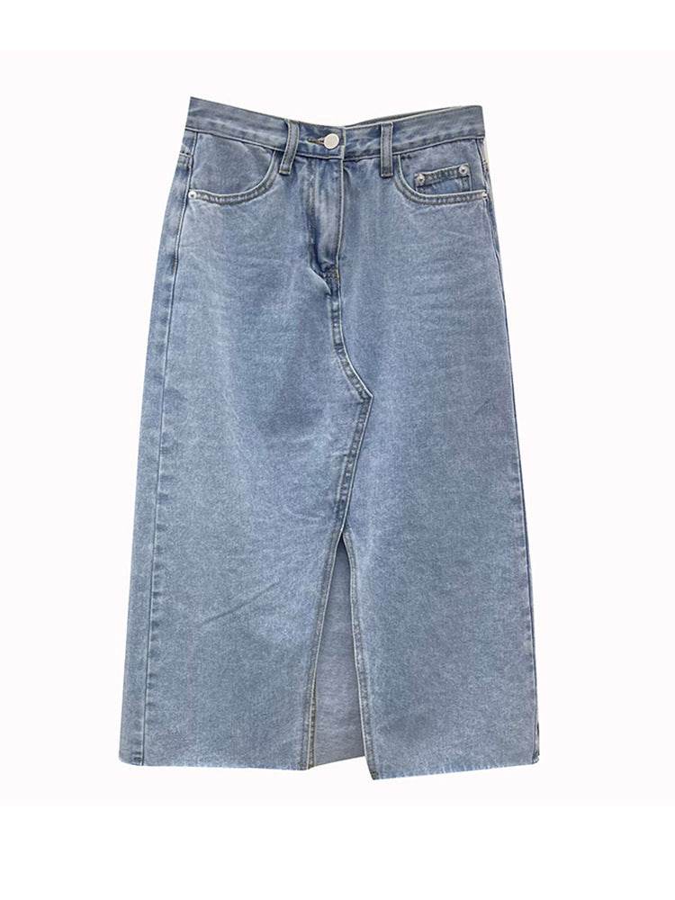 Casual Front Slit Dark Blue and Light Blue Denim Midi Skirt for women - Velora