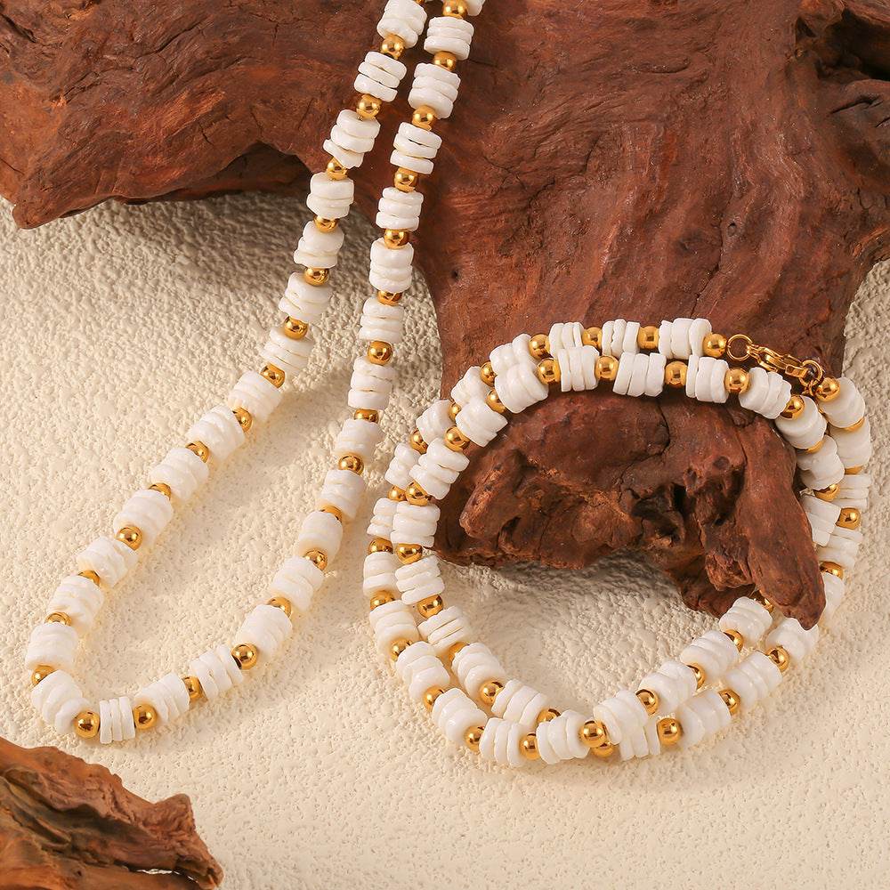 Light Luxury Shell Beaded Titanium Steel Plated Bracelet And Necklace Set - Velora