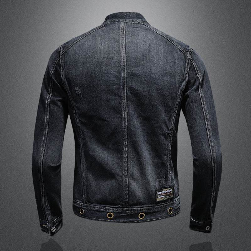 Men's Stand-up Collar Dark Blue Motorcycle Vintage Zipper Denim Coat - Velora