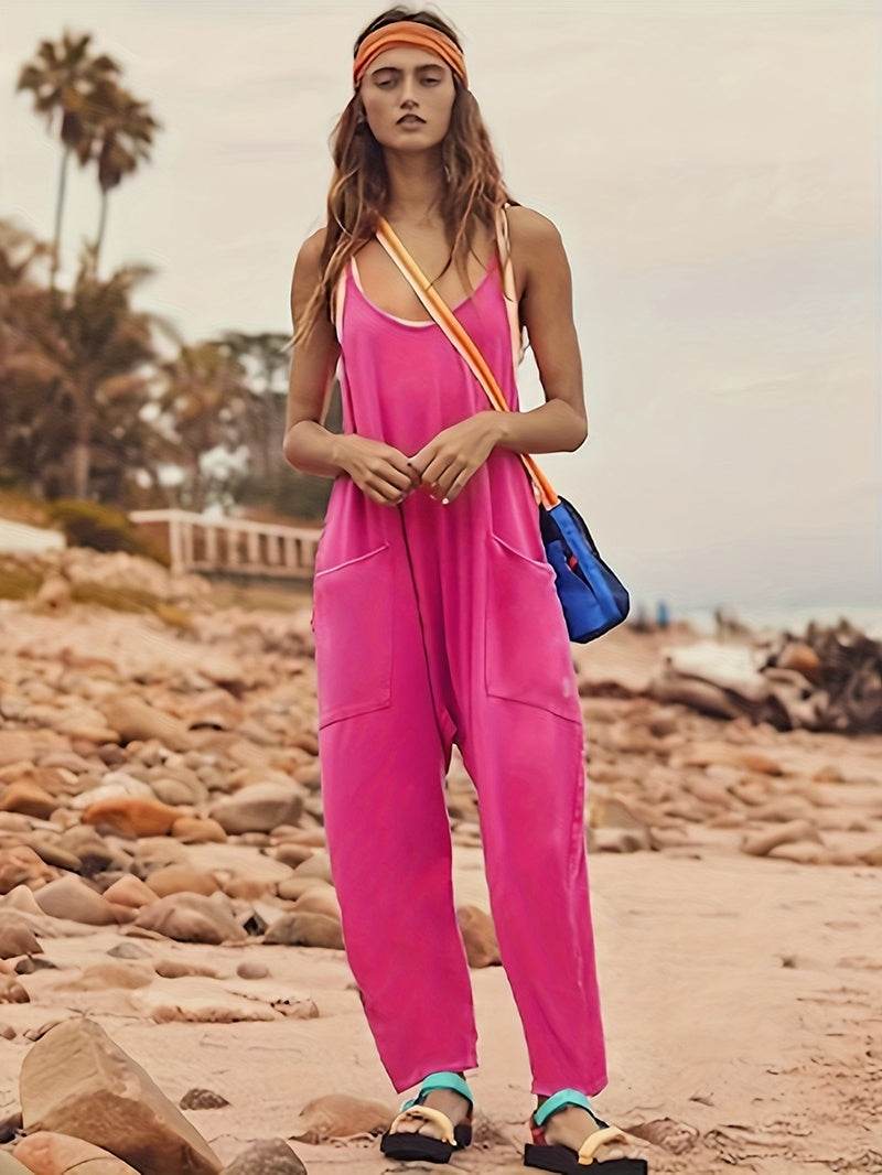 Summer Women's Loose Sleeveless Jumpsuits Spaghetti Strap Long Pant Romper Jumpsuit With Pockets Zipper - Velora