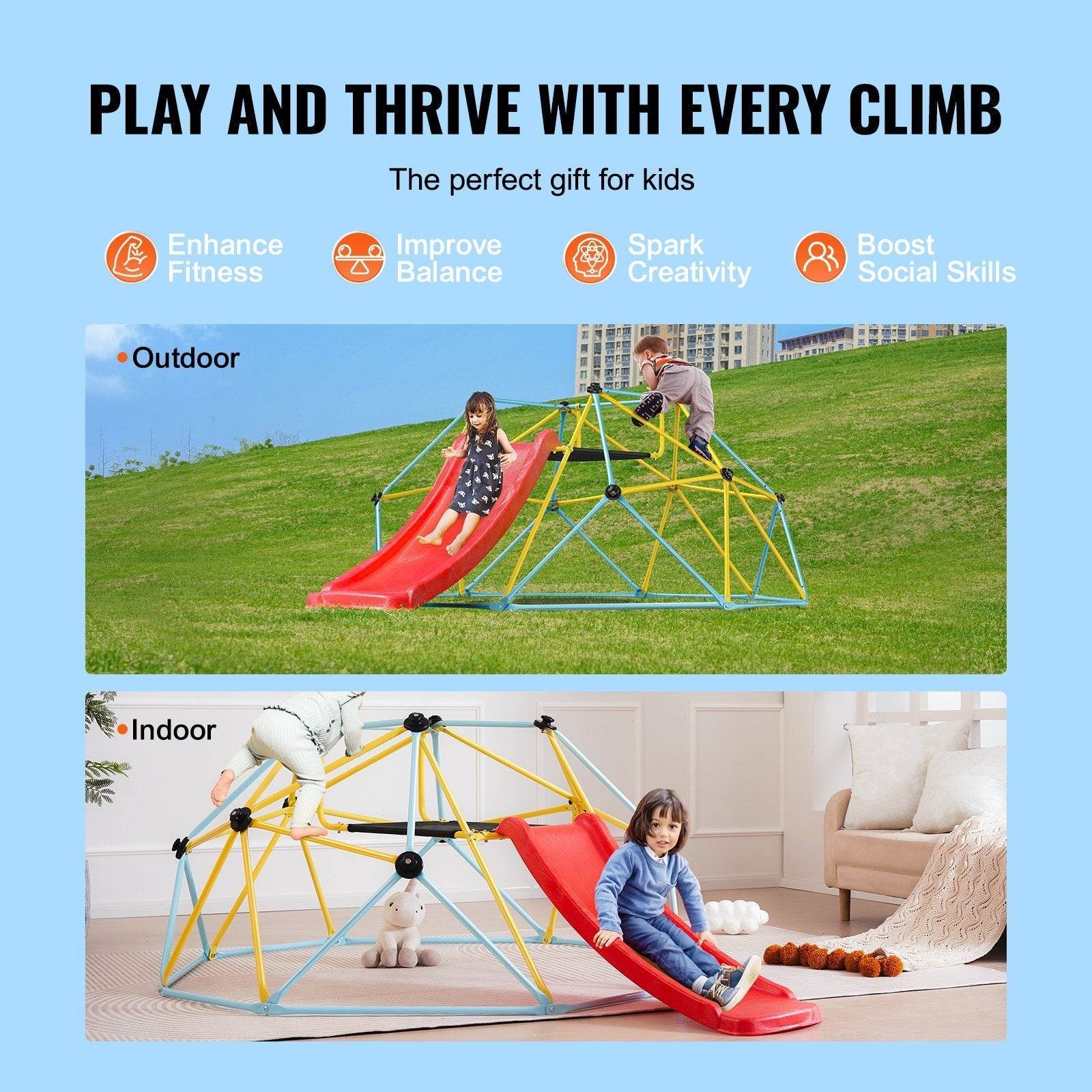 Climbing Dome, For Kids 3 To 9 Years Old, 8FT Geometric Dome Climber With Slide,Jungle Gym Supports 600LBS And Easy Assembly, With Climbing Grip, Outdoor And Indoor Play Equipment For Kids - Velora