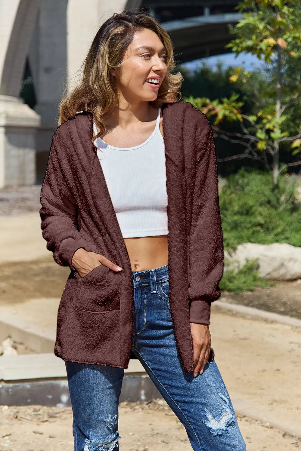 Full Size Teddy Hooded Jacket with Pockets - Velora