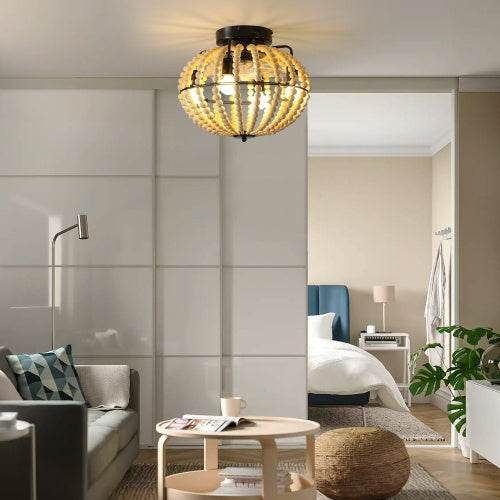 Beaded Fan Lamp Wooden Beaded Chandelier Oak White - Velora