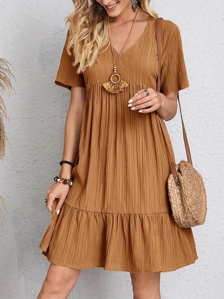 V-neck Short Sleeve Dress Summer Fashion Casual Loose Ruffled Dresses Beach Clothing Women - Velora