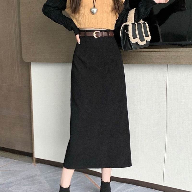 French-style Back slit High waist Midi Corduroy pencil Skirt for women - Velora