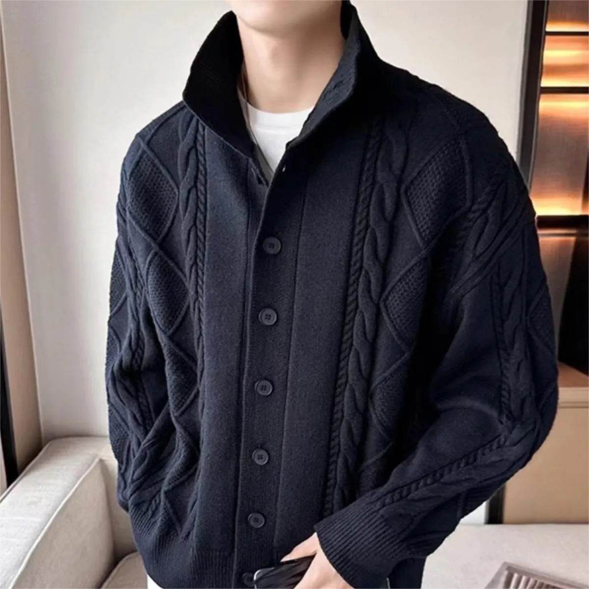 Solid Color Prismatic Plaid Sweater Coat Loose All-match Retro Lapels Long Sleeve Knitted Cardigan - Velora