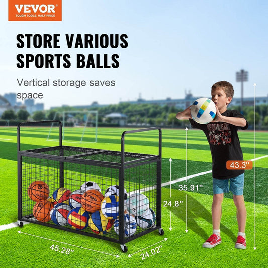 Rolling Sports Ball Storage Cart, Lockable Basketball Cage With Double Lids, Sport Equipment Holder Organizer For Indoor Outdoor, Steel Storage Rack For Garages, Playgroup, Gym And Schools - Velora
