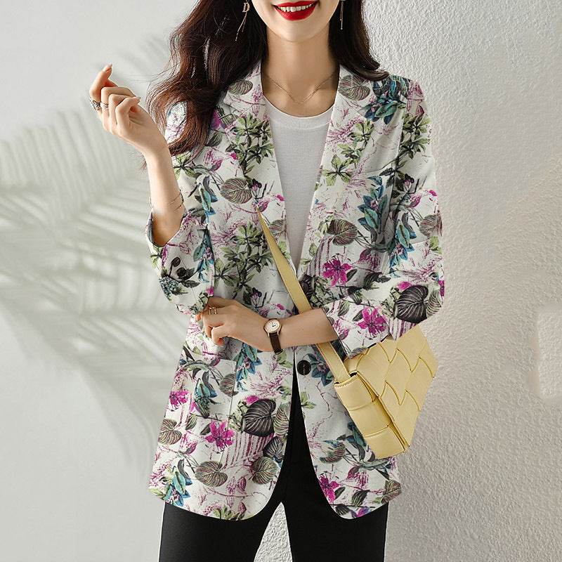 Women's Button Printed Long-sleeved Pocket Vintage Cotton And Linen jacket Blazer - Velora