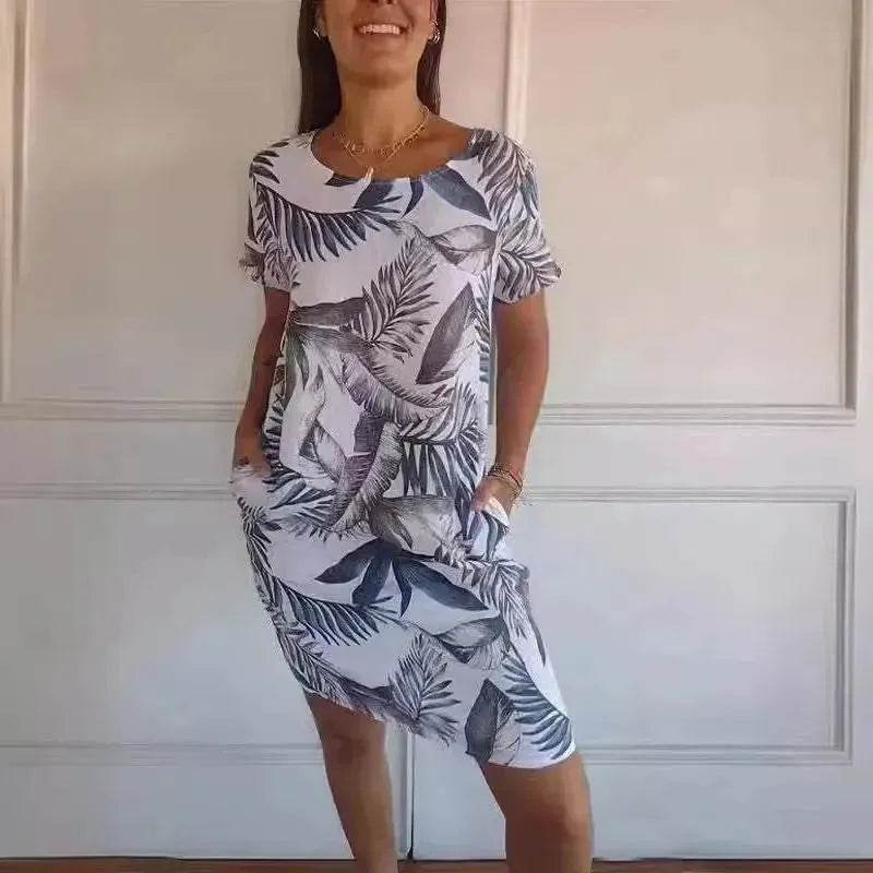 Casual Floral Printed Straight Dress Summer Loose Round Neck Short Sleeve Midi Dresses Womens Clothing - Velora