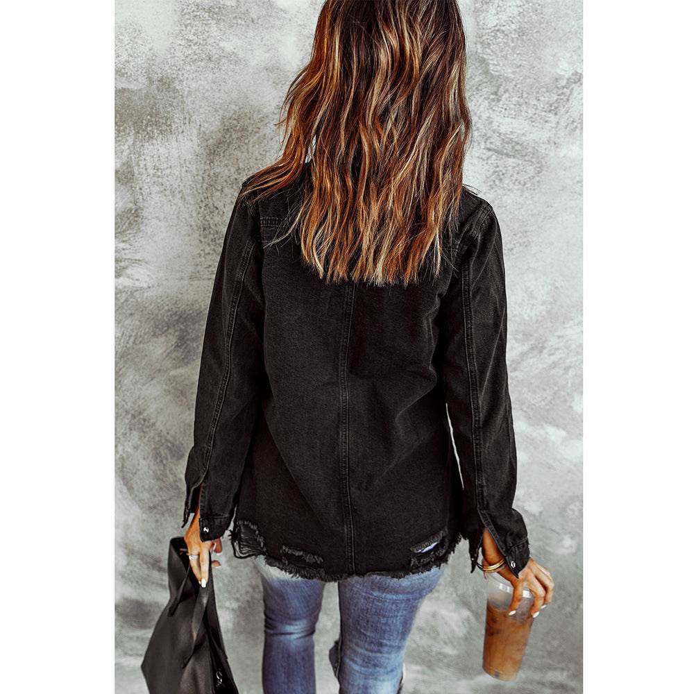Long Sleeve Jeans Jacket Loose Fit Mid-Length Black - Velora