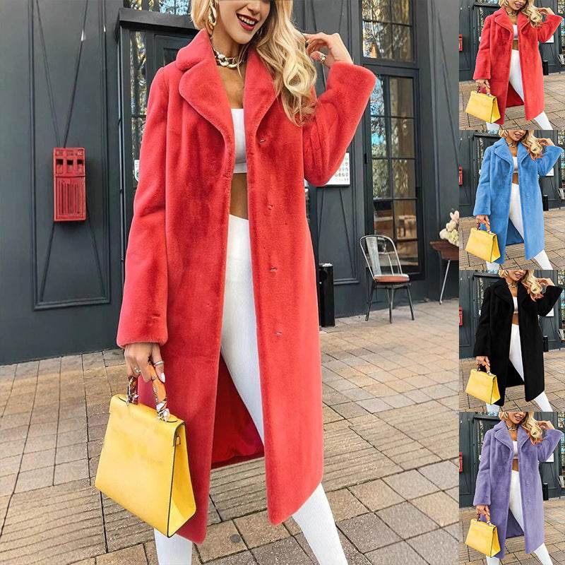 Women's Fashionable Elegant Lace-up Turn-down Collar Plush Long Coat - Velora