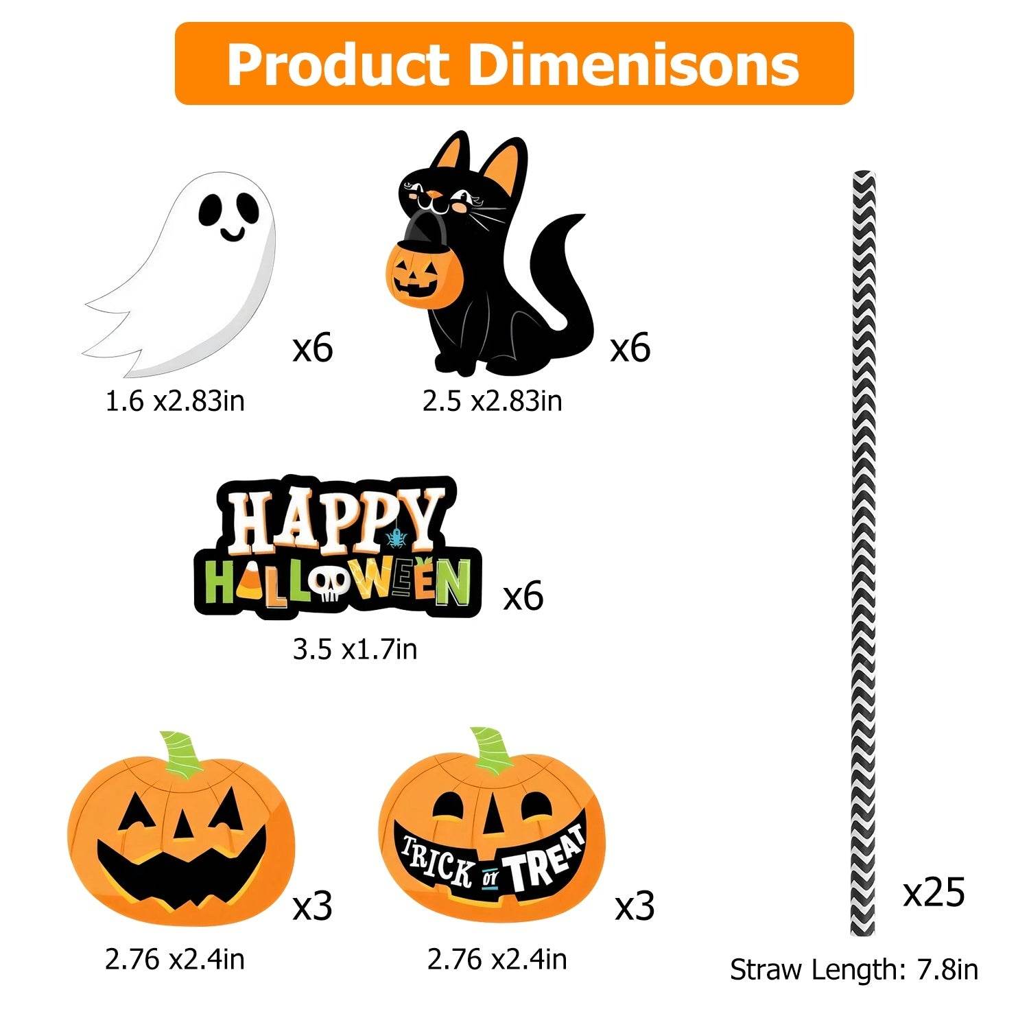 Set Of 25Pcs Halloween Party Striped Decorative Straws Disposable Drinking Straws Paper Straw Decor Happy Halloween Ghost Lantern Black Cat Halloween Party Supplies - Velora