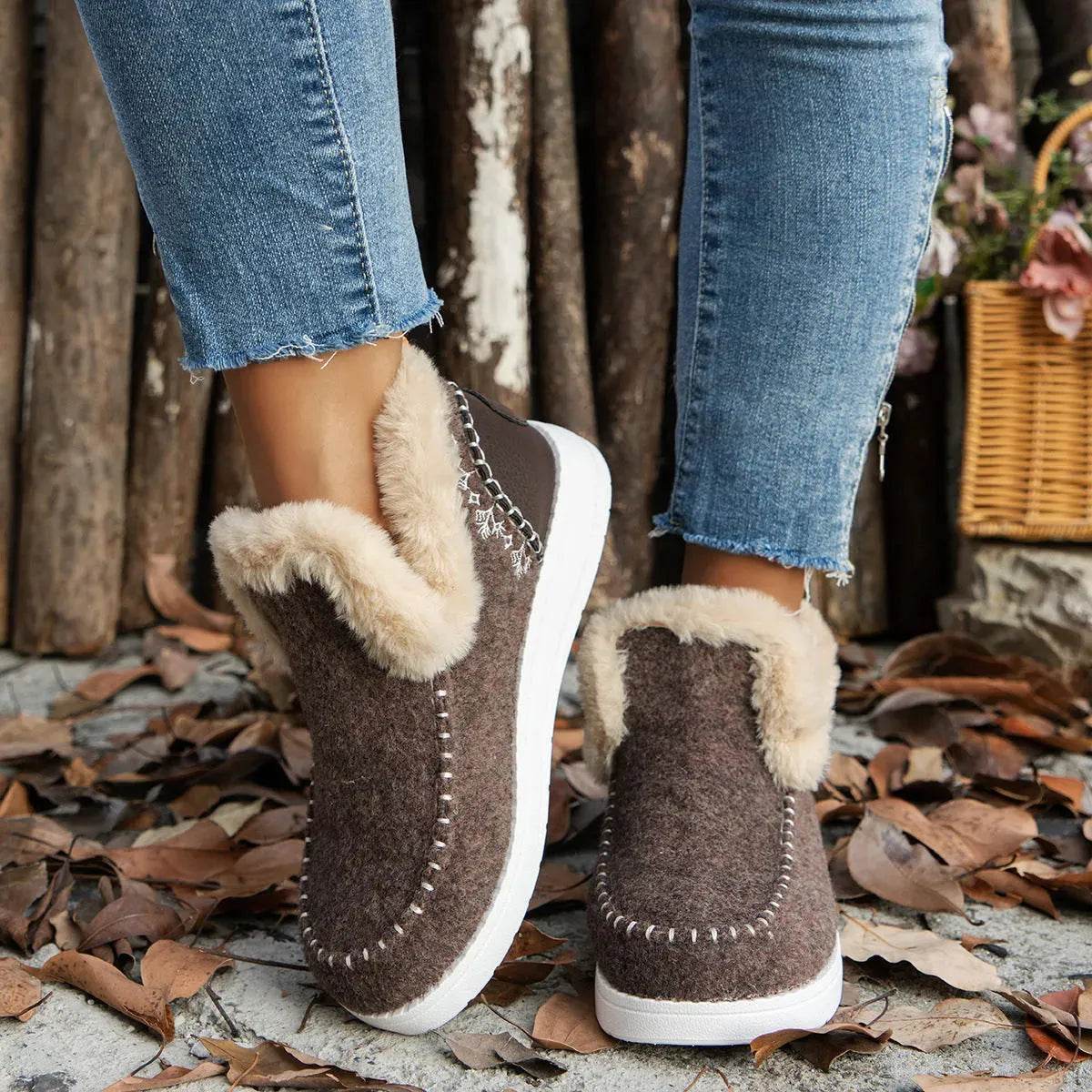 Plus Size Fleece-lined Thicker Raw Edge Warm Flat Bottom Plush Winter boot Shoes for women - Velora