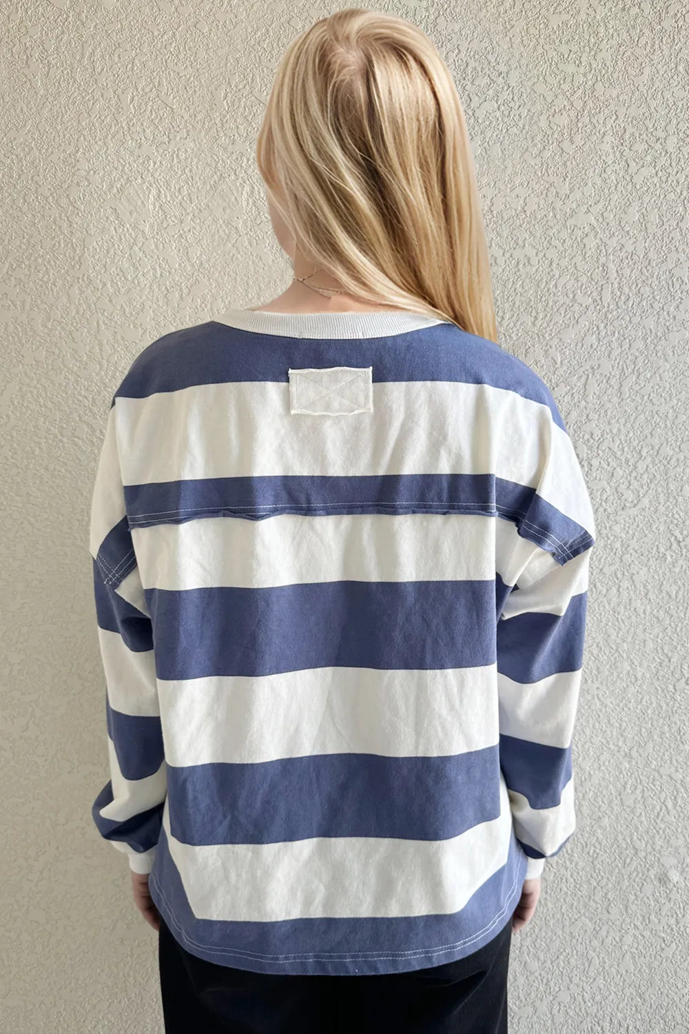 Oh Pima Cotton Wash Exposed Seam Contrast Striped Round Neck Long Sleeve T-Shirt - Velora