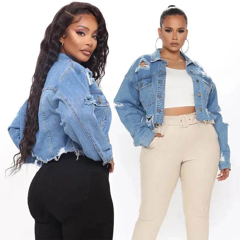 Fashionable Ripped Long sleeve Denim Jeans Crop jacket women short denim jacket oversized cropped denim jacket - Velora