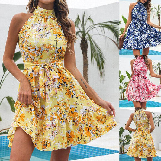 New Flowers Print Halterneck Dress Summer Fashion Temperament Lace-up Ruffled Dresses For Women - Velora