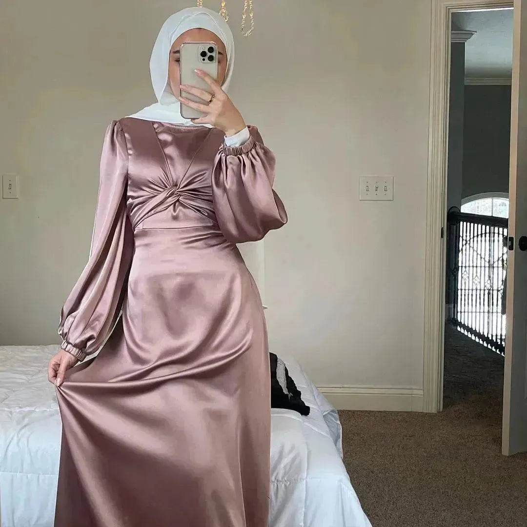Dubai Middle East Kaftan Abaya Turkey Satin Dress. - Velora
