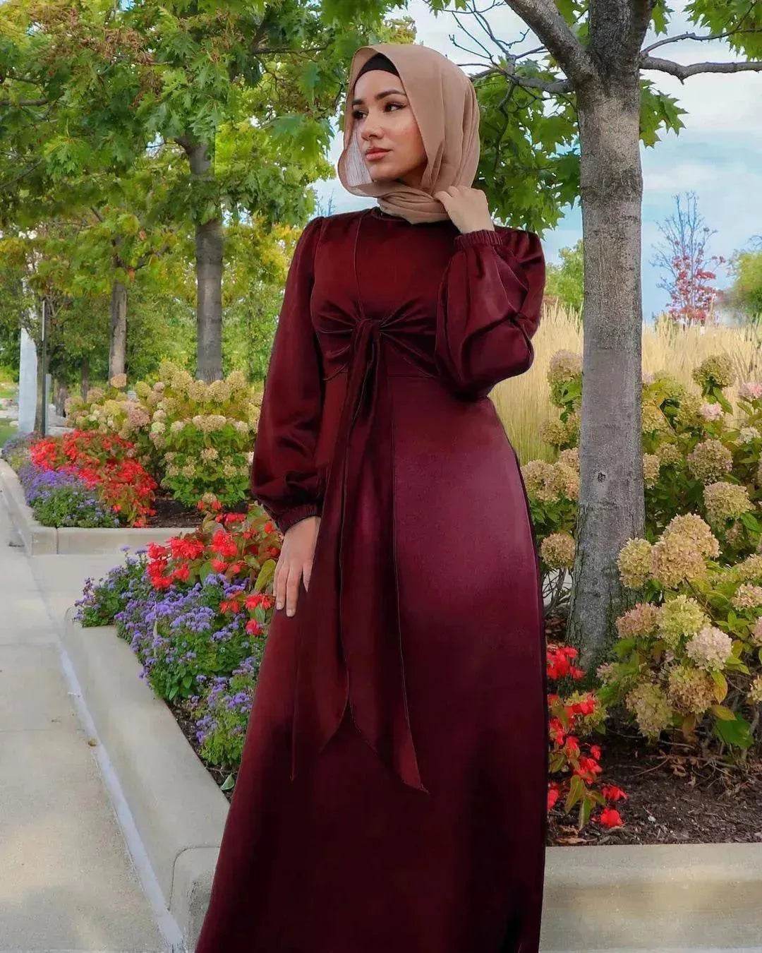 Dubai Middle East Kaftan Abaya Turkey Satin Dress. - Velora