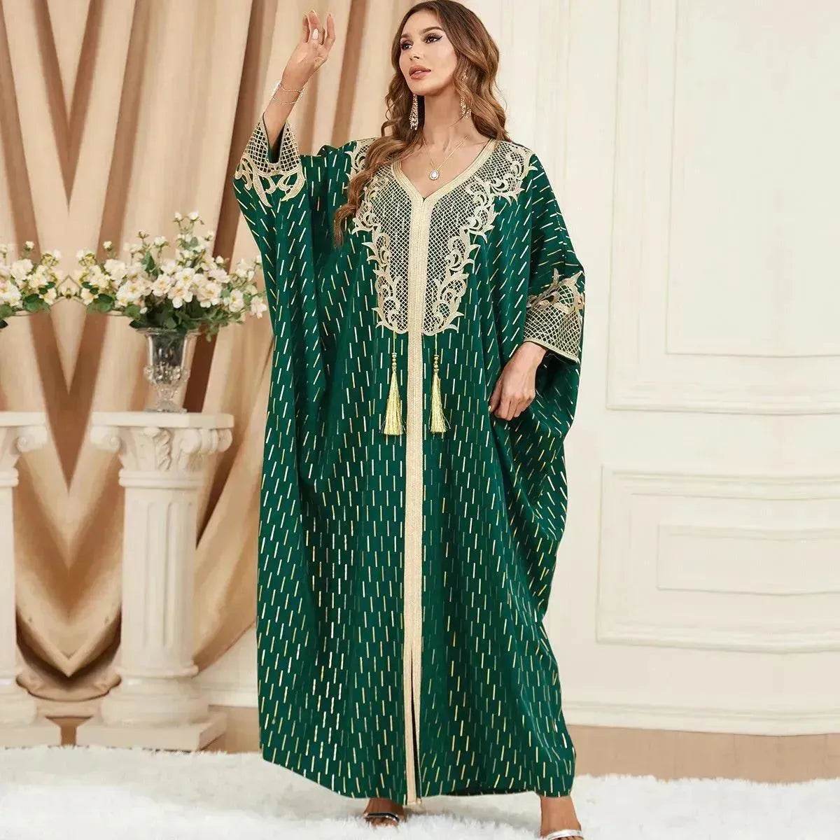 Dubai Turkey Arab Green Gilding Batwing Sleeve Bow Tie Stitching Middle East Popular Plus Size Tassel Split Dress - Velora