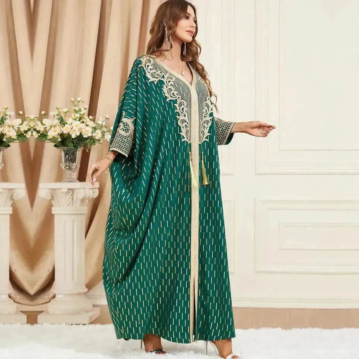 Dubai Turkey Arab Green Gilding Batwing Sleeve Bow Tie Stitching Middle East Popular Plus Size Tassel Split Dress - Velora
