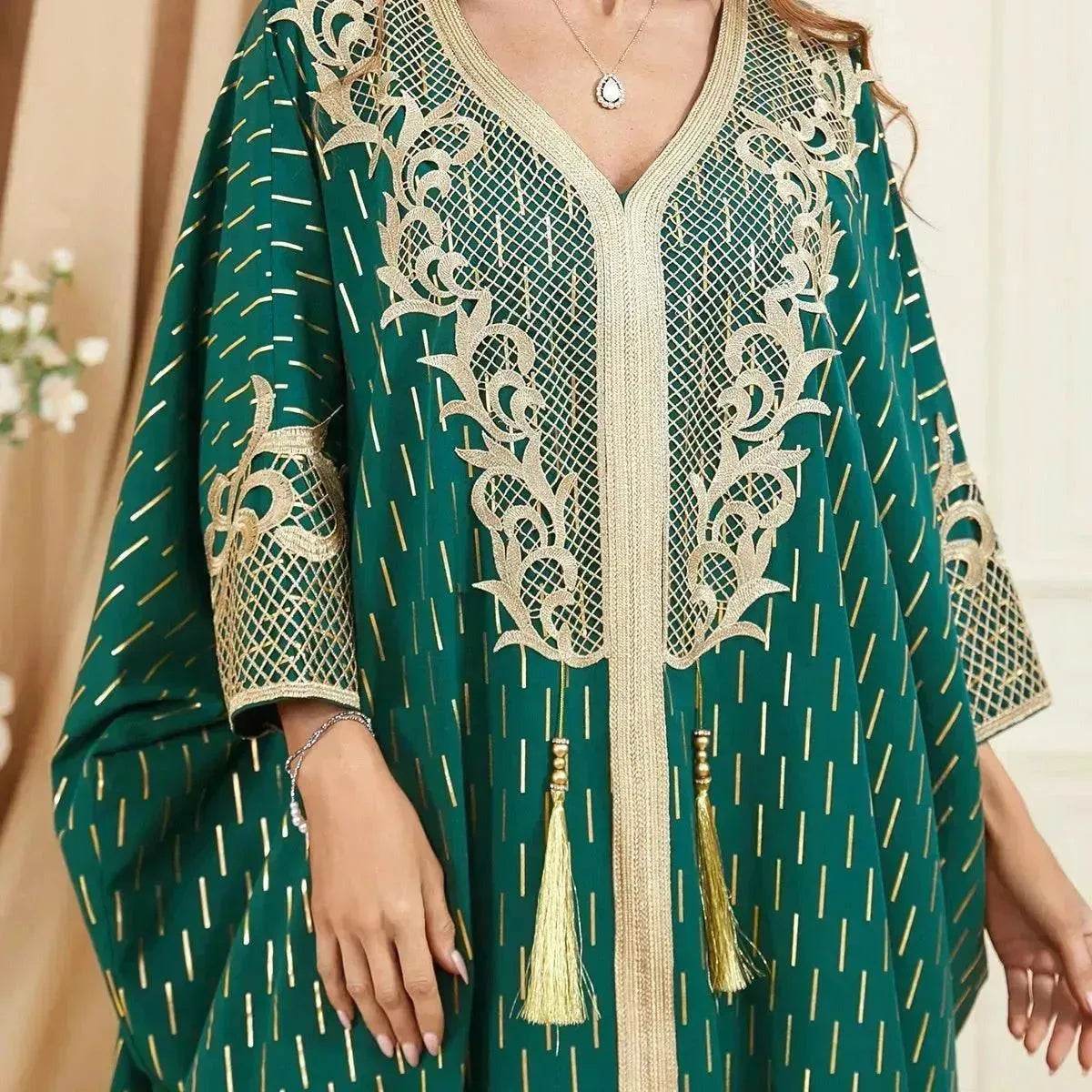 Dubai Turkey Arab Green Gilding Batwing Sleeve Bow Tie Stitching Middle East Popular Plus Size Tassel Split Dress - Velora