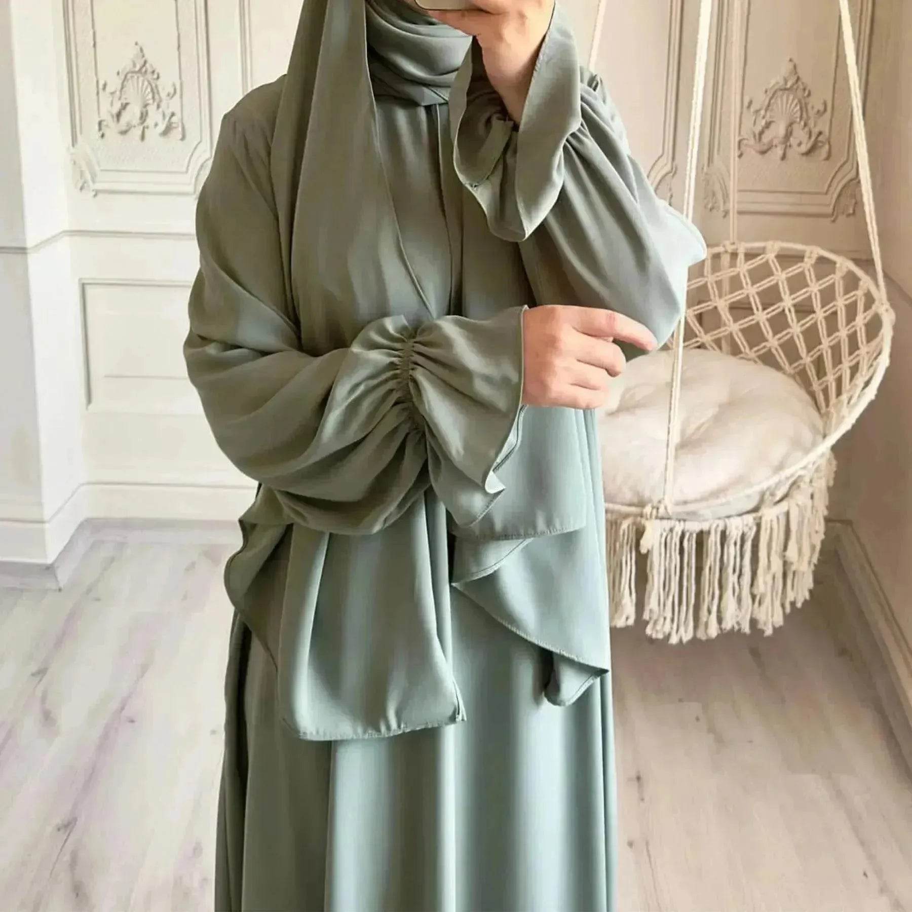 Dubai Turkey Solid Color Small Horn Sleeve Dress - Velora