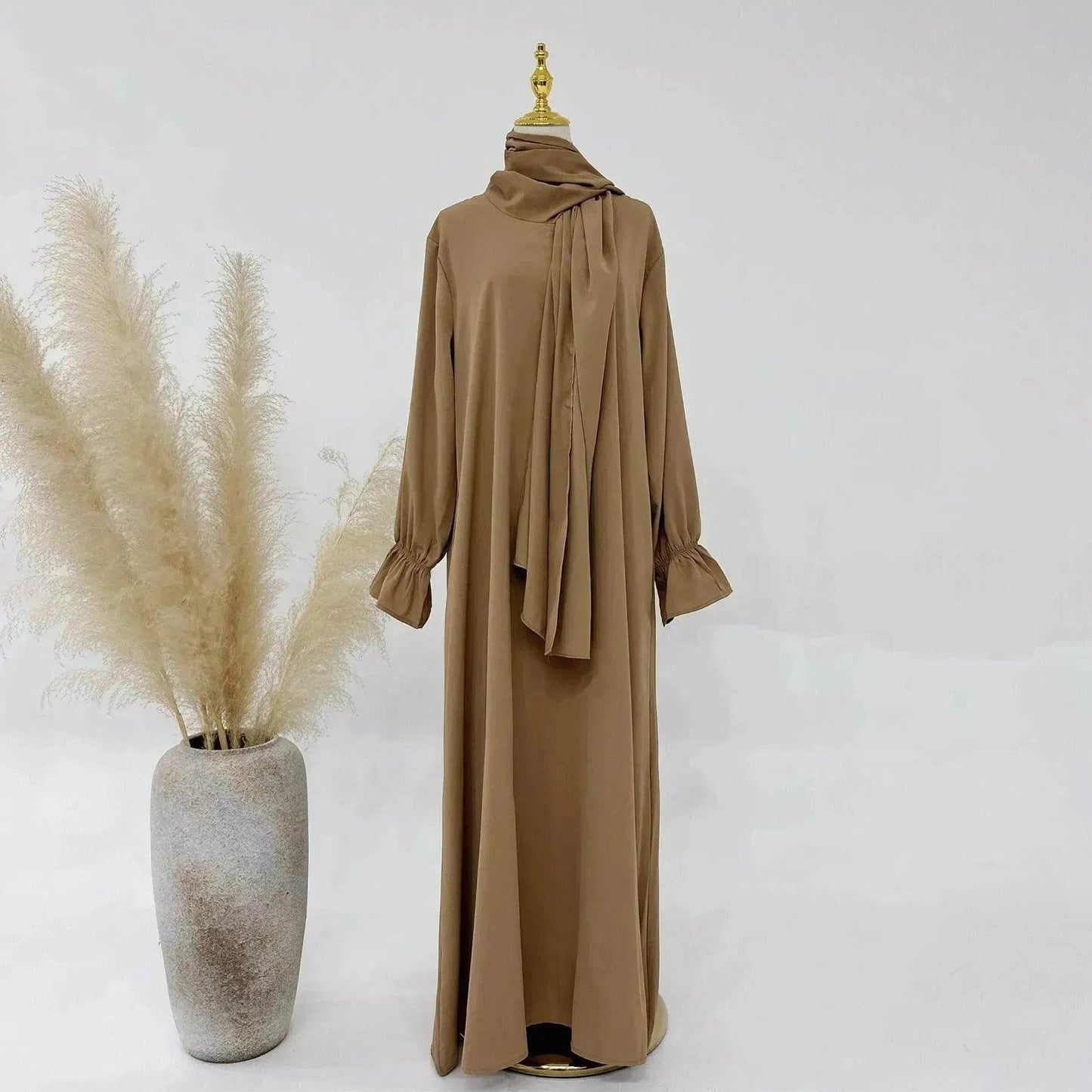 Dubai Turkey Solid Color Small Horn Sleeve Dress - Velora