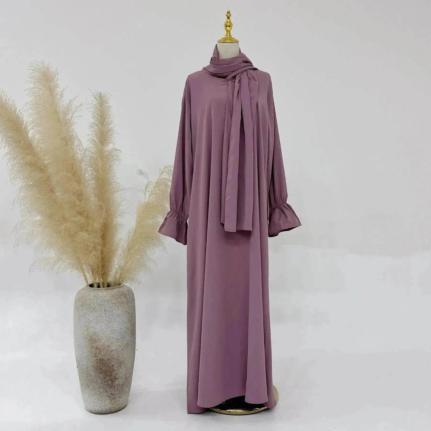 Dubai Turkey Solid Color Small Horn Sleeve Dress - Velora