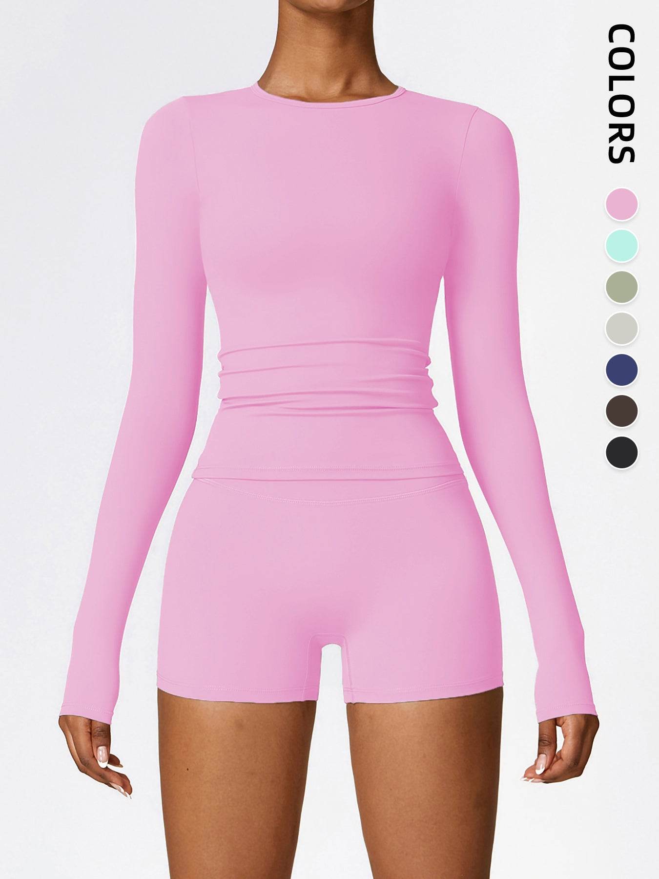 Women's Four Seasons Sports Suit, Women's Long Sleeve Round Neck Sports T-shirt And High Waist Tight Shorts Yoga Suit. - Velora