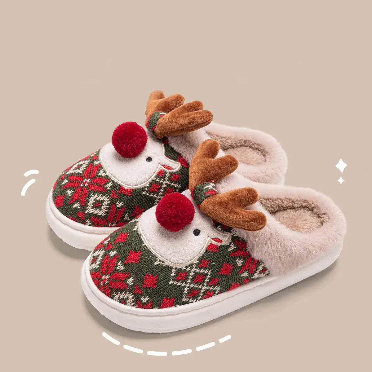 Cute Christmas Elk Plush Slippers Winter Ins Fashion Non-slip Floor Bedroom Home Slippers For Women Fuzzy House Shoes - Velora