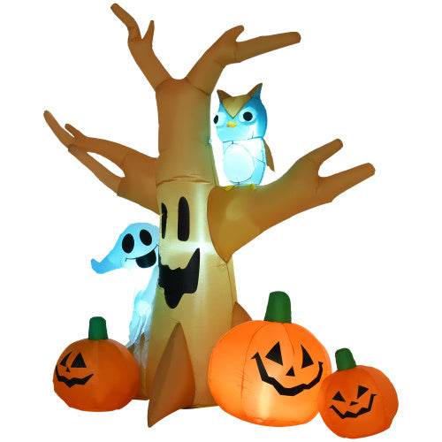 HOMCOM 7.5 Tall Lighted Halloween Inflatables Outdoor Decorations Haunted Tree With Owl, Ghost, Pumpkins, Blow Up LED Yard Decor For Garden, Lawn, Party, Holiday, Waterproof - Velora